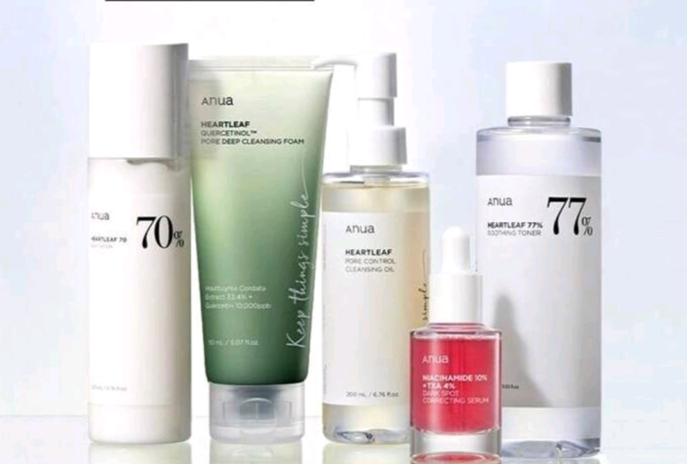Set of Korean skincare products with promotional text on a light gray background