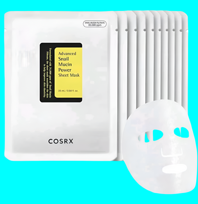 COSRX Advanced Snail Mucin Power Sheet Mask packaging with a single mask on a white background